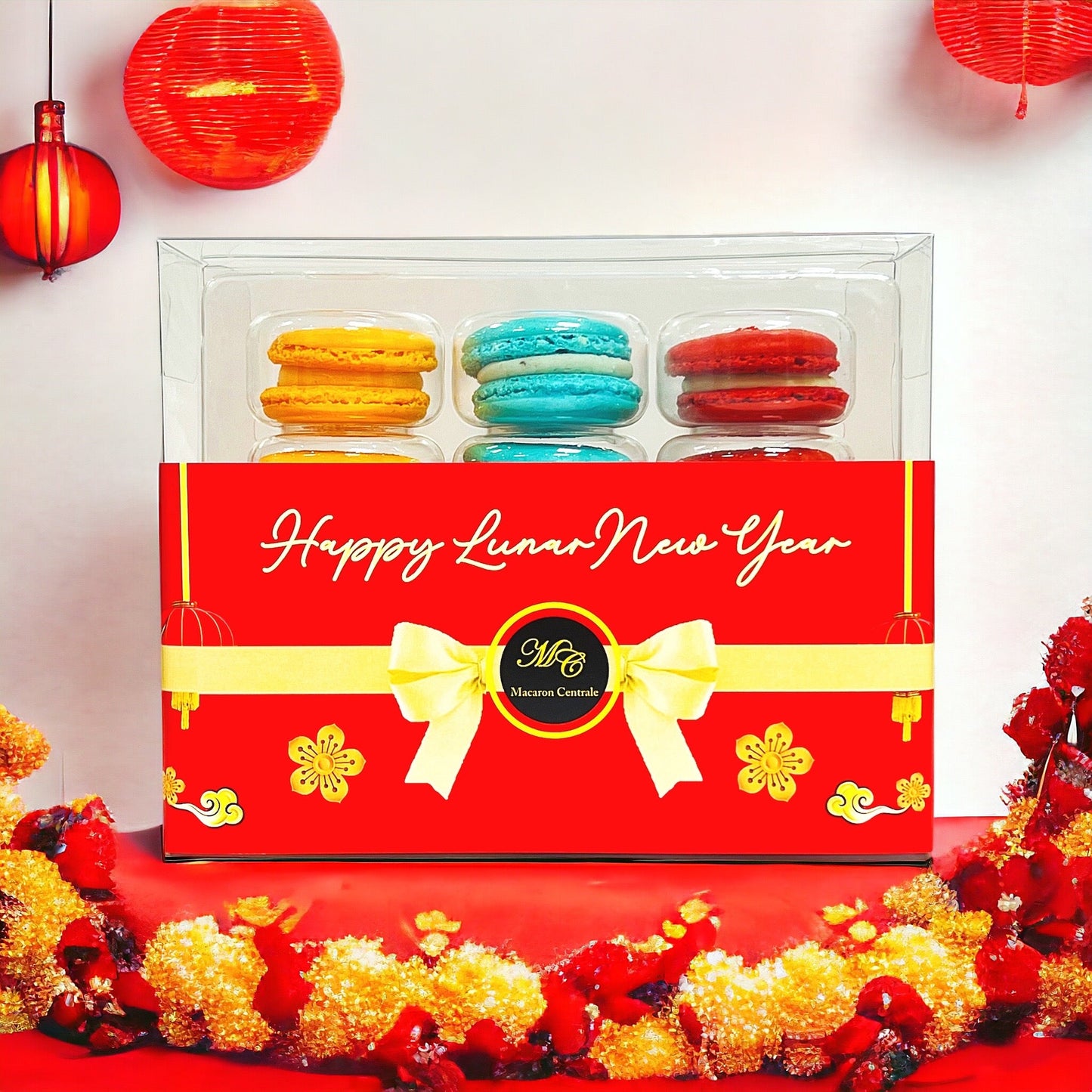12 Pack Happy Lunar New Year Assortment with Clear Gift Box | Perfect for Joyous Lunar New Year Celebration - Macaron Centrale