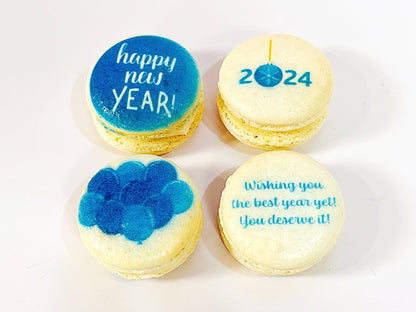 12 Pack Happy New Year Collection with Clear Gift Box | Blue | Perfect for ringing in the New Year festivities - Macaron Centrale