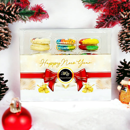 12 Pack Happy New Year Collection with Clear Gift Box | Rainbow | Perfect for ringing in the New Year festivities - Macaron Centrale