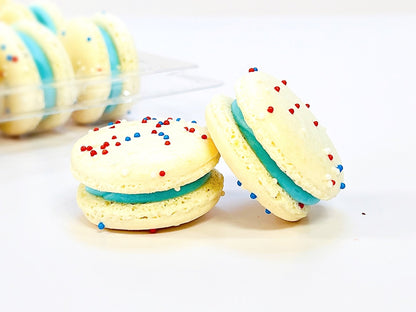 50 Pack Blue, Red, White Sprinkle Macarons French Macaron Value Pack - Macaron Centrale