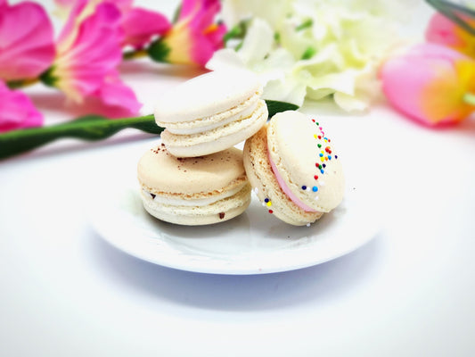 6 Pack Assorted Macarons | Milk Chocolate, Vanilla and Birthday Cake Macarons - Macaron Centrale
