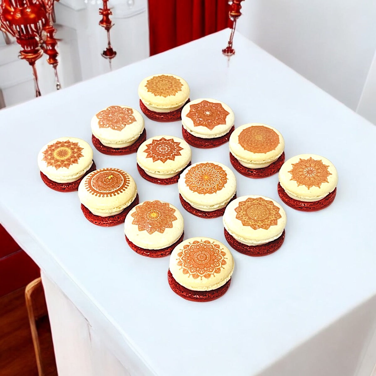 Intricate Red Mandala Macarons – Elegant and Unique French Treats