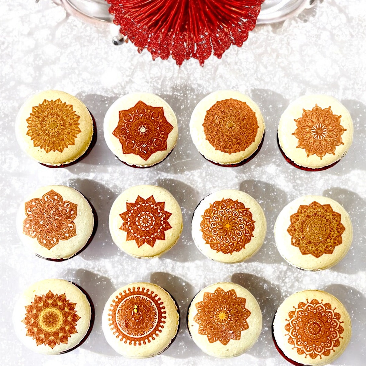 Intricate Red Mandala Macarons – Elegant and Unique French Treats