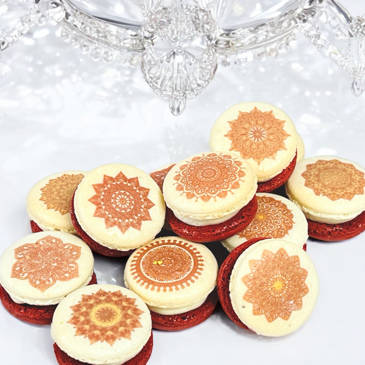 Intricate Red Mandala Macarons – Elegant and Unique French Treats