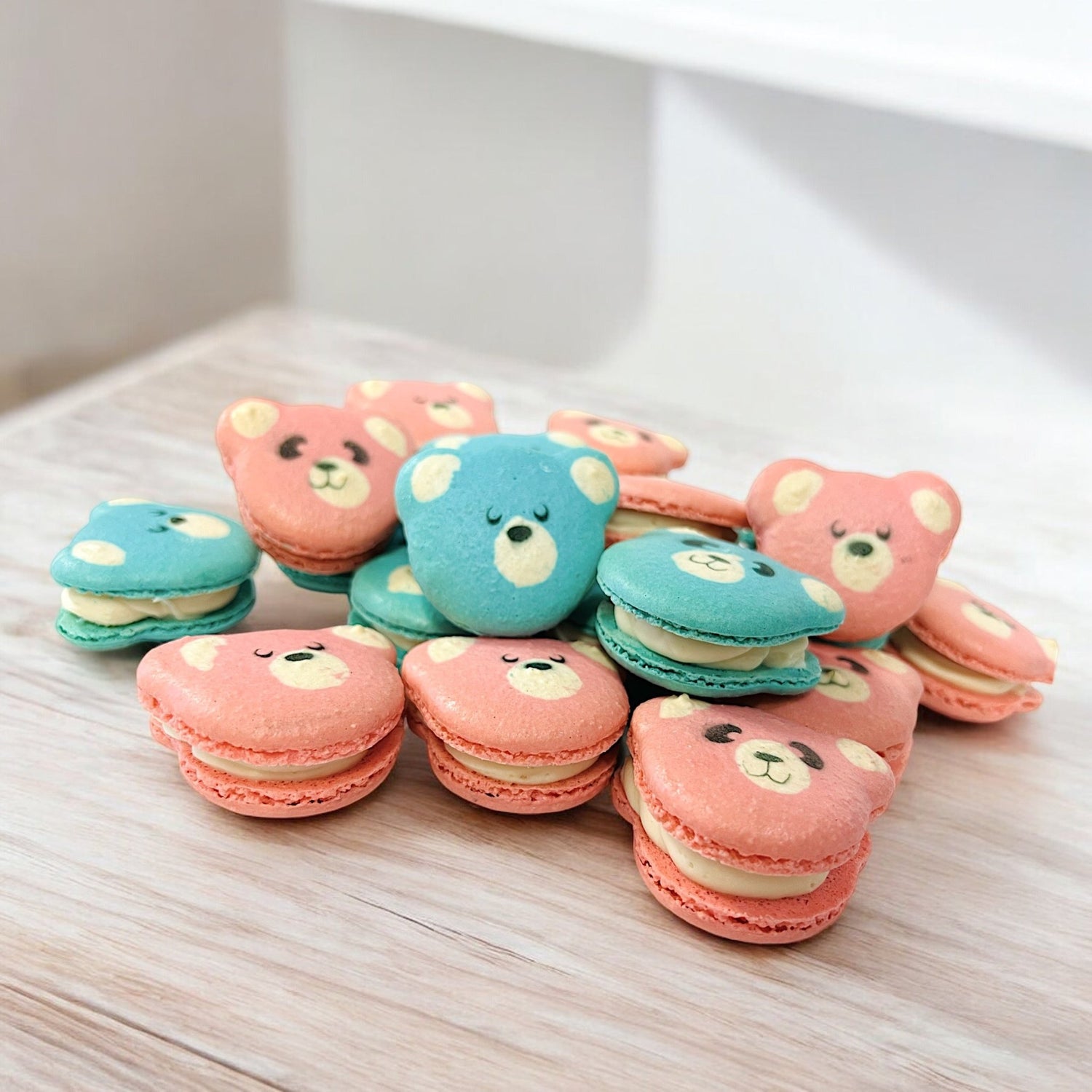 Adorable Bear Macarons - Customizable Blue, Pink, or Mixed Bear Faces - Available in 12, 24, or 48 Packs - Macaron CentraleBlue Bear12 Pack