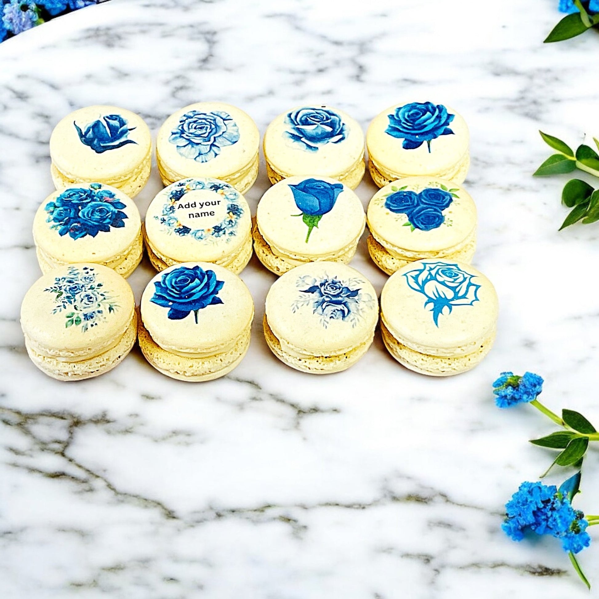 Custom Blue Rose Macarons - Personalized with Your Name - Elegant Floral Design - Macaron Centrale6 Pack