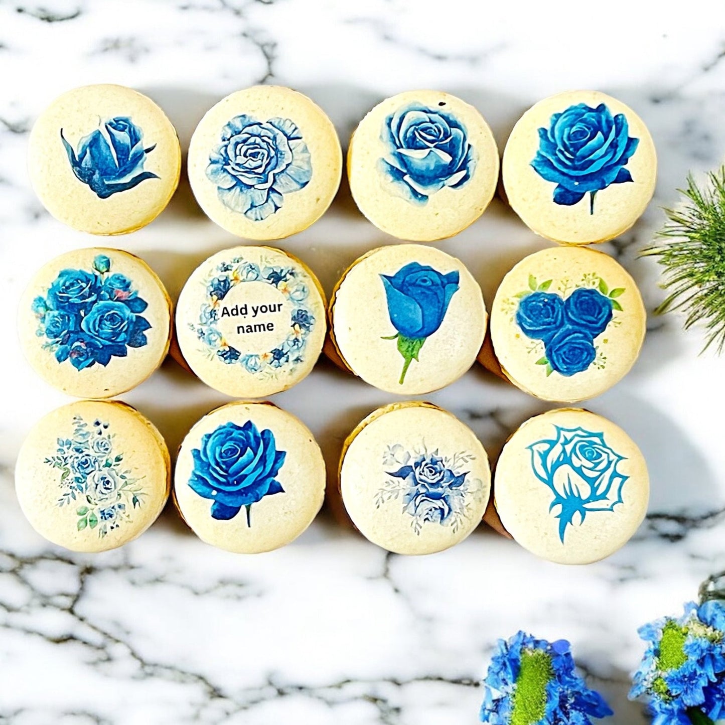 Custom Blue Rose Macarons - Personalized with Your Name - Elegant Floral Design - Macaron Centrale6 Pack