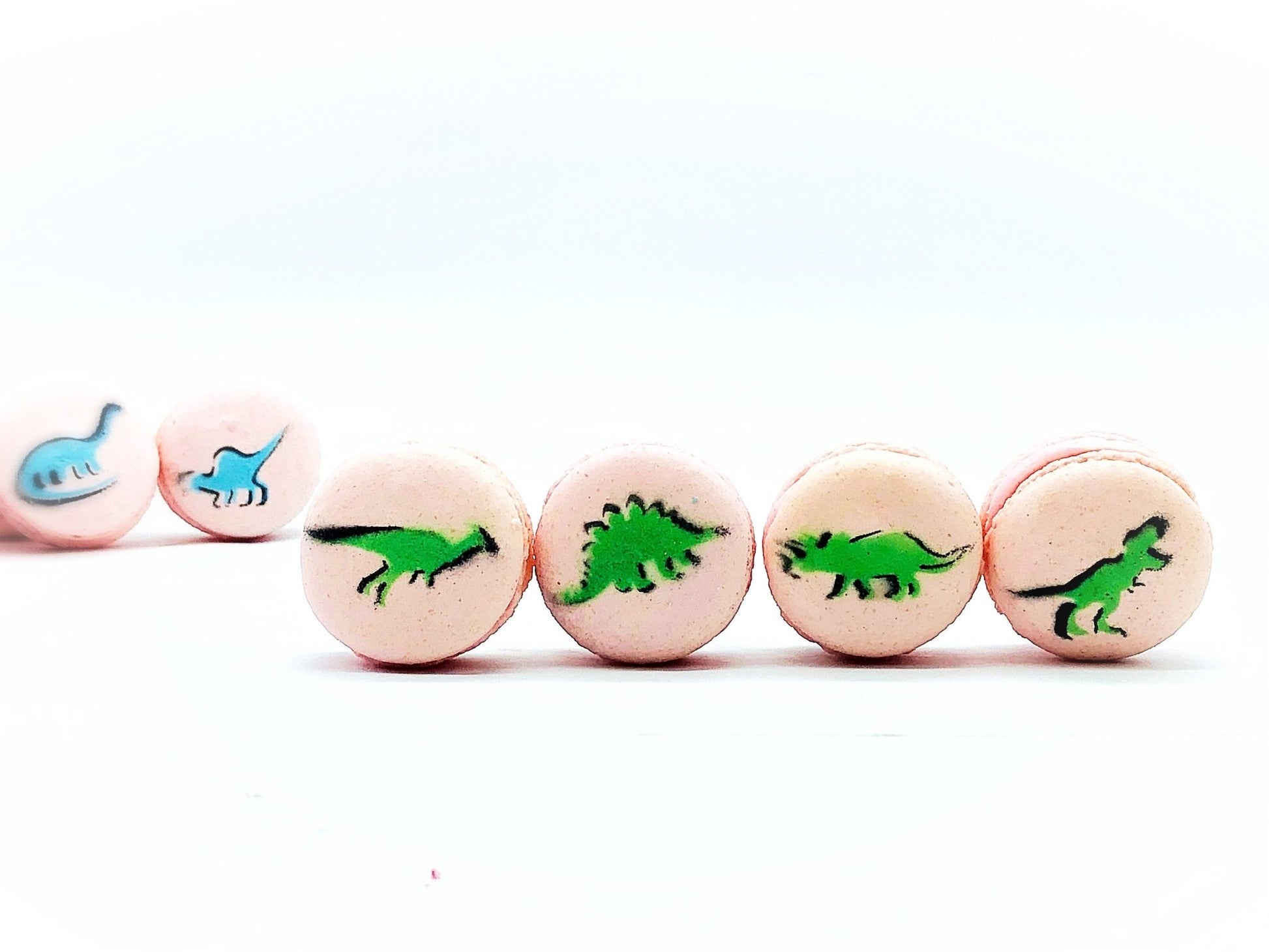 Dinosaur French Macaron Set (12 Pack) | Great addition to your dessert table with Jurassic theme party - Macaron CentraleBrown + BlackLight Pink Raspberry
