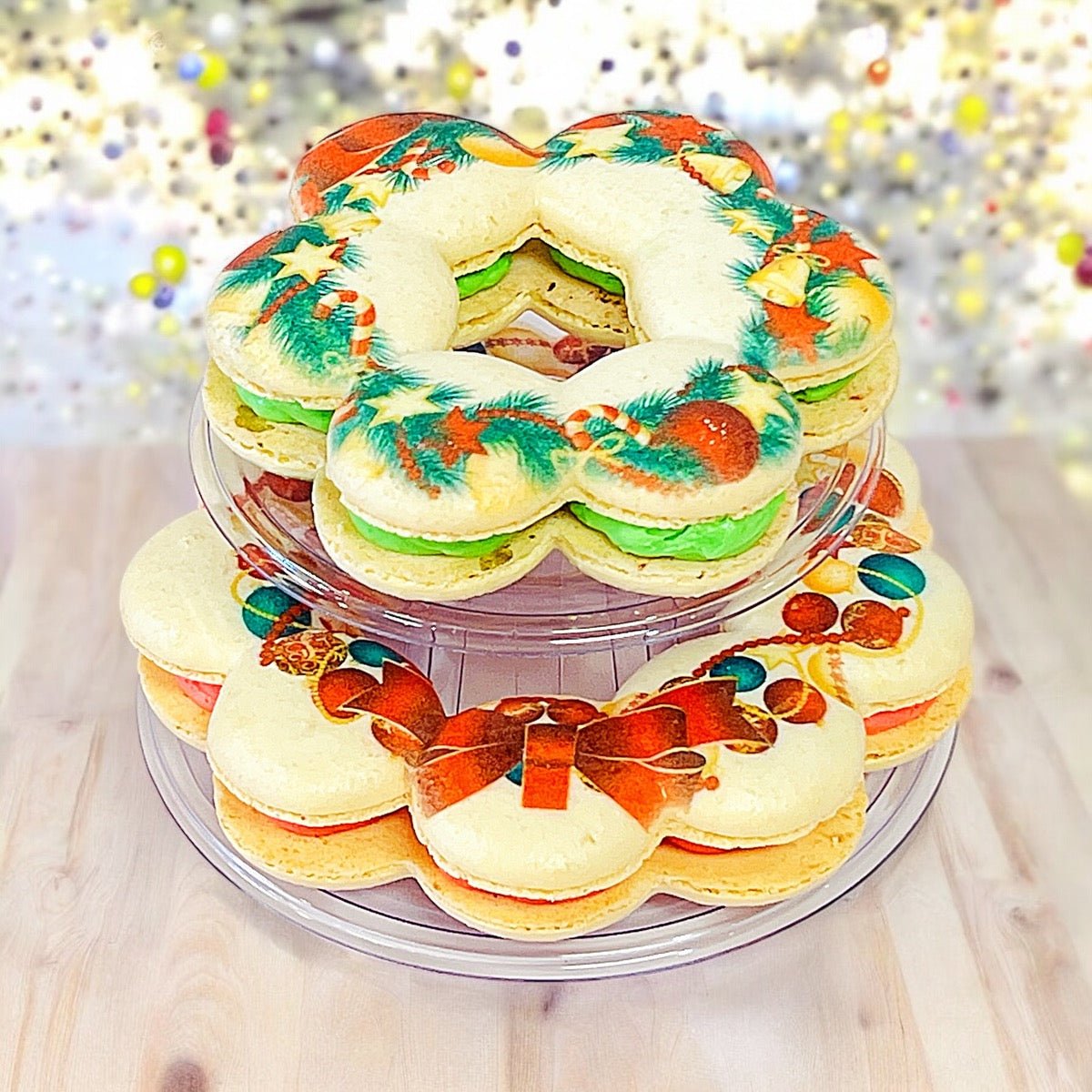 Gift - Ready Holiday Wreath Macaron Set – Two Tiers in a Clear Display Box - Macaron Centrale