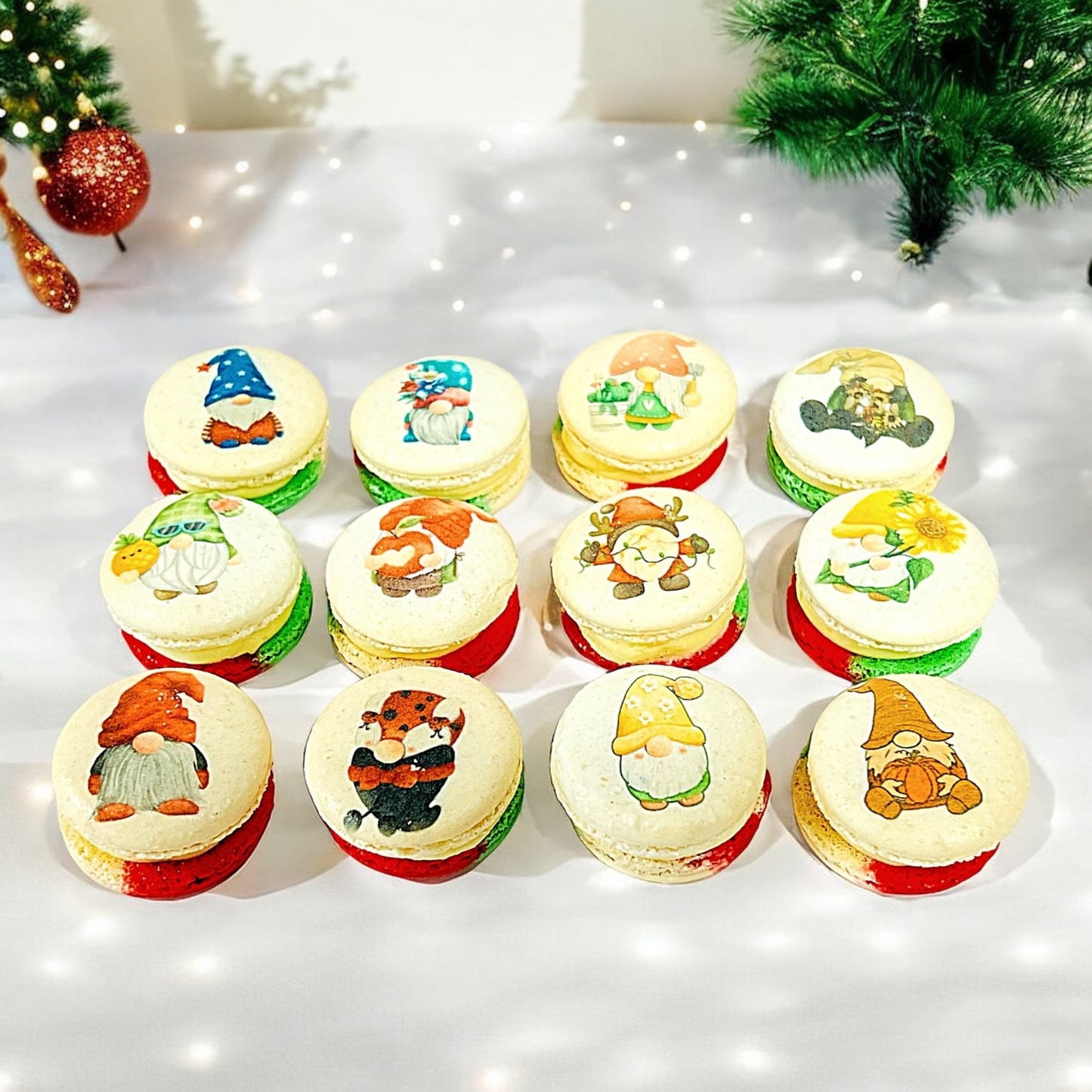 Gnome - Themed Tricolor Swirl Macarons - Custom Flavors | Available in 6, 12 & 24 Pack - Macaron Centrale6 Pack