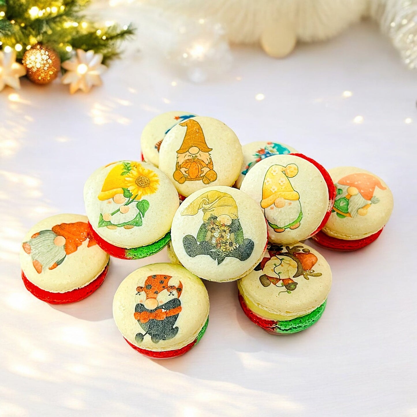 Gnome - Themed Tricolor Swirl Macarons - Custom Flavors | Available in 6, 12 & 24 Pack - Macaron Centrale6 Pack