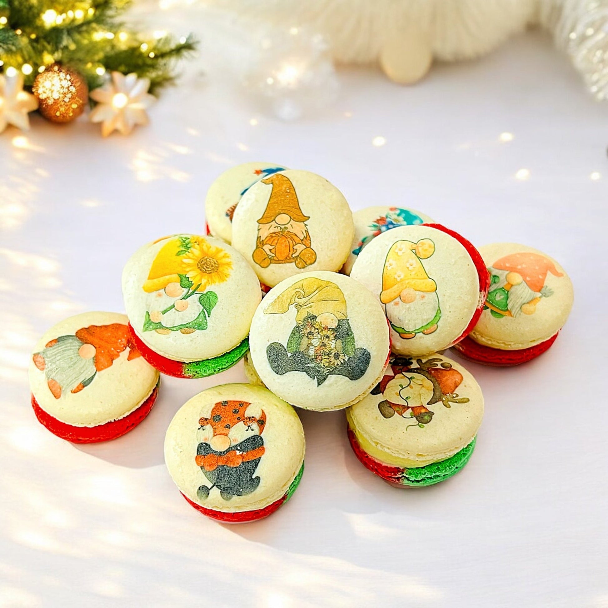 Gnome - Themed Tricolor Swirl Macarons - Custom Flavors | Available in 6, 12 & 24 Pack - Macaron Centrale6 Pack