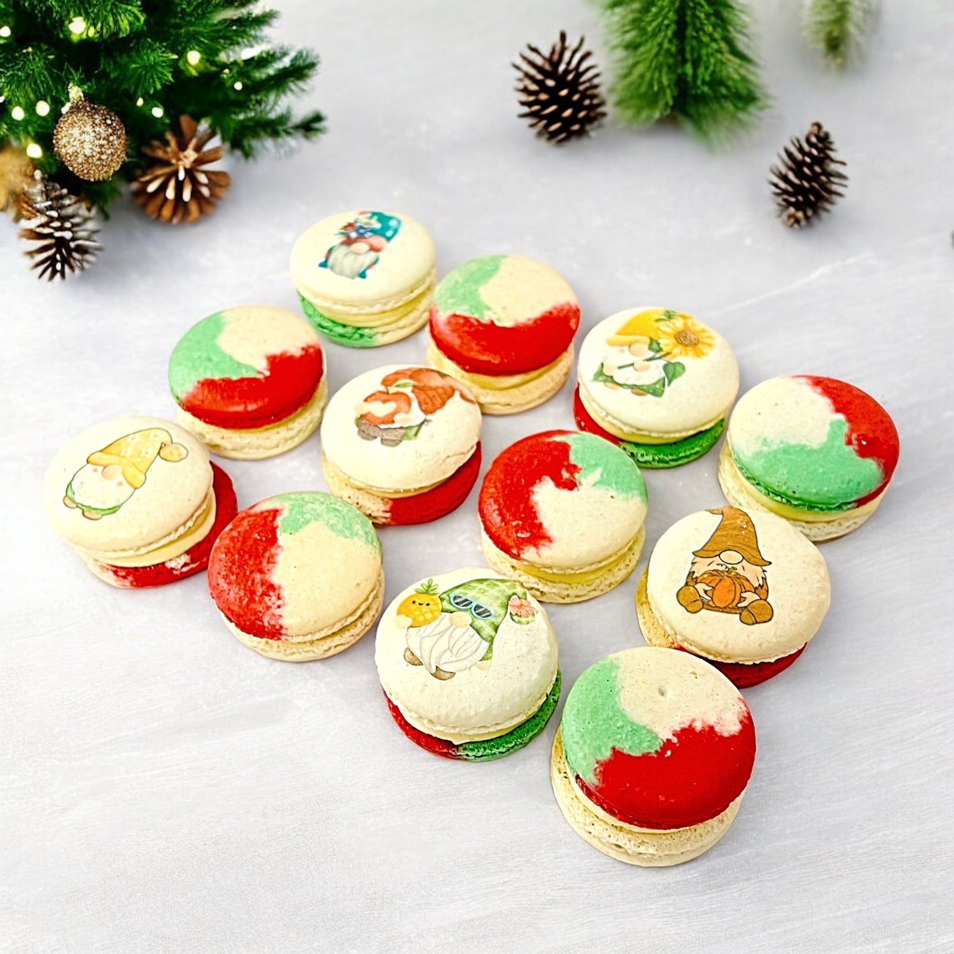 Gnome - Themed Tricolor Swirl Macarons - Custom Flavors | Available in 6, 12 & 24 Pack - Macaron Centrale6 Pack