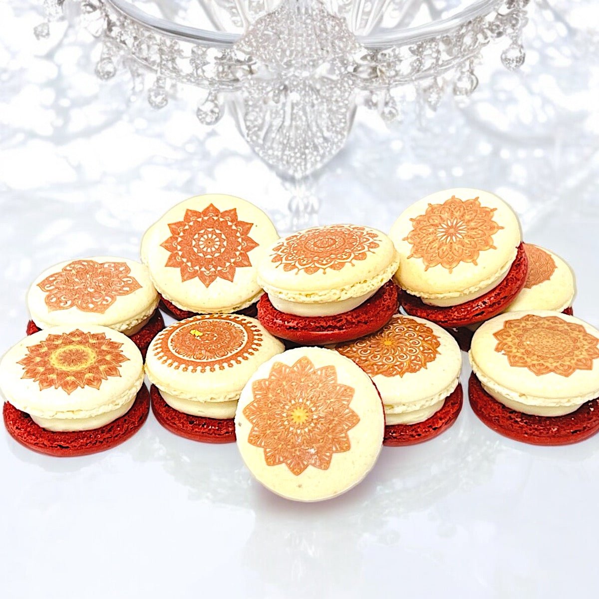 Intricate Red Mandala Macarons – Elegant and Unique French Treats - Macaron Centrale12 Pack