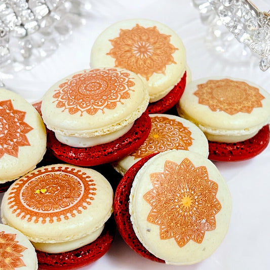 Intricate Red Mandala Macarons – Elegant and Unique French Treats - Macaron Centrale12 Pack