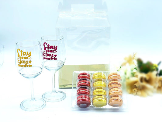 Macarons gift set for 2 with customizable stem wine glass | perfect for your next virtual party | stay home and connect - Macaron Centralegold