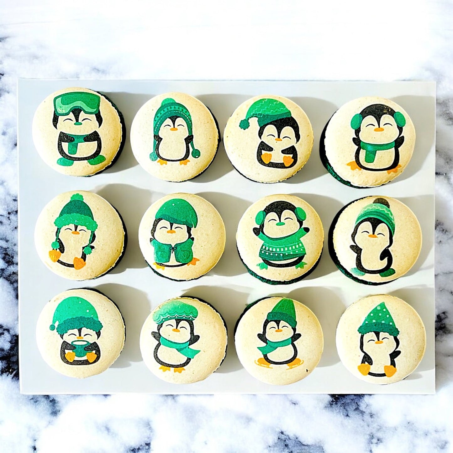 Penguin Winter Macaron Set - Green and White - Macaron Centrale6 Pack