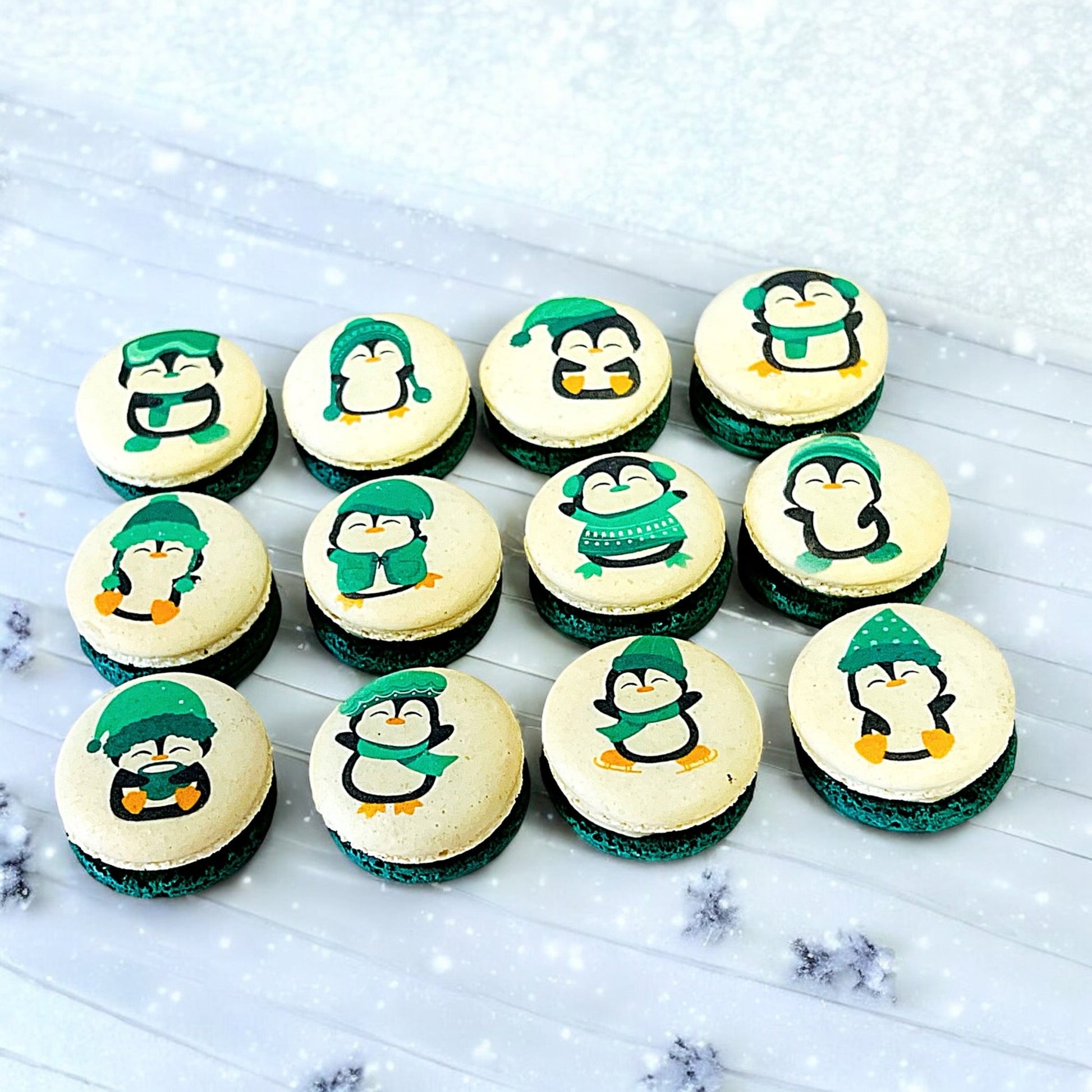 Penguin Winter Macaron Set - Green and White - Macaron Centrale6 Pack