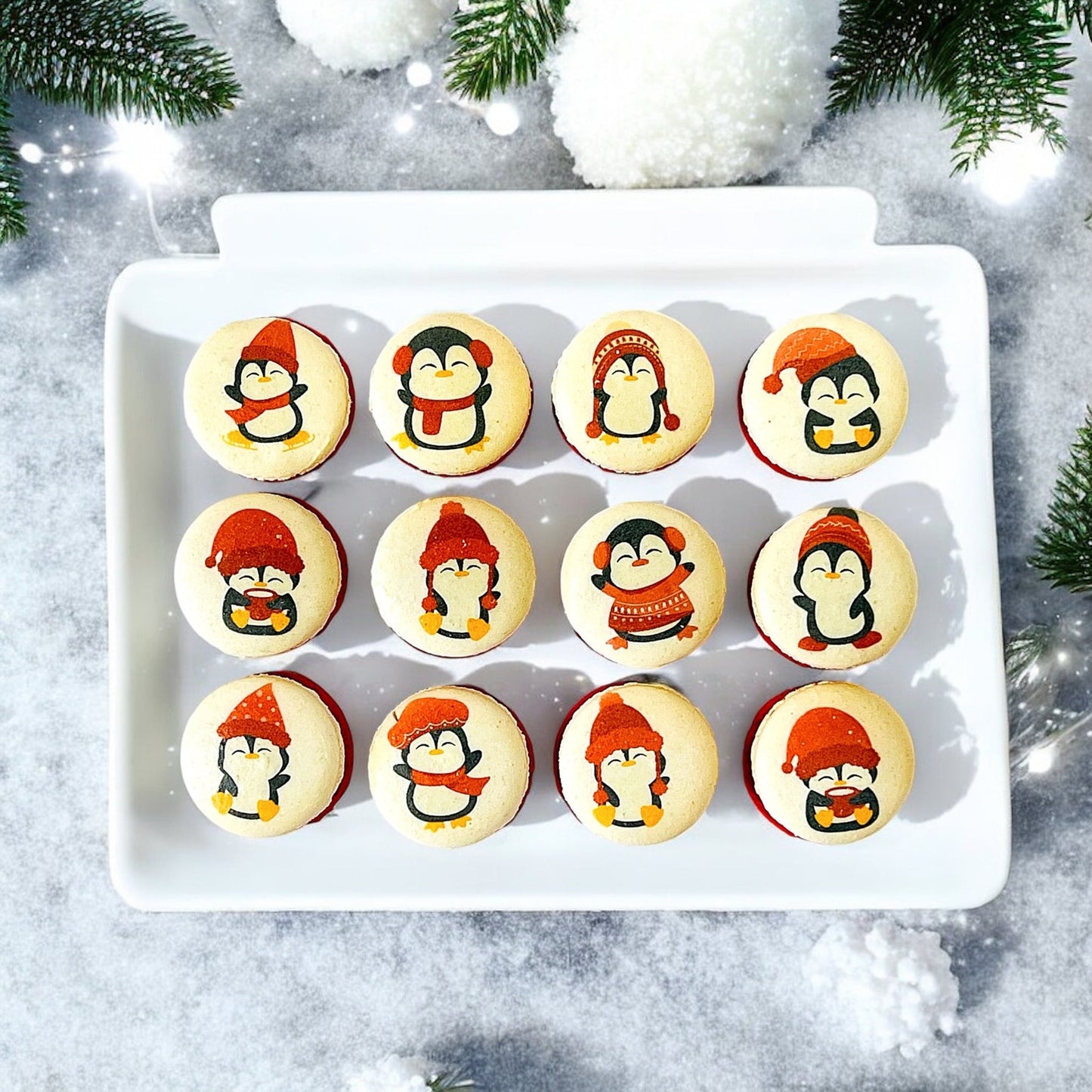 Penguin Winter Macaron Set - Red and White - Macaron Centrale6 Pack