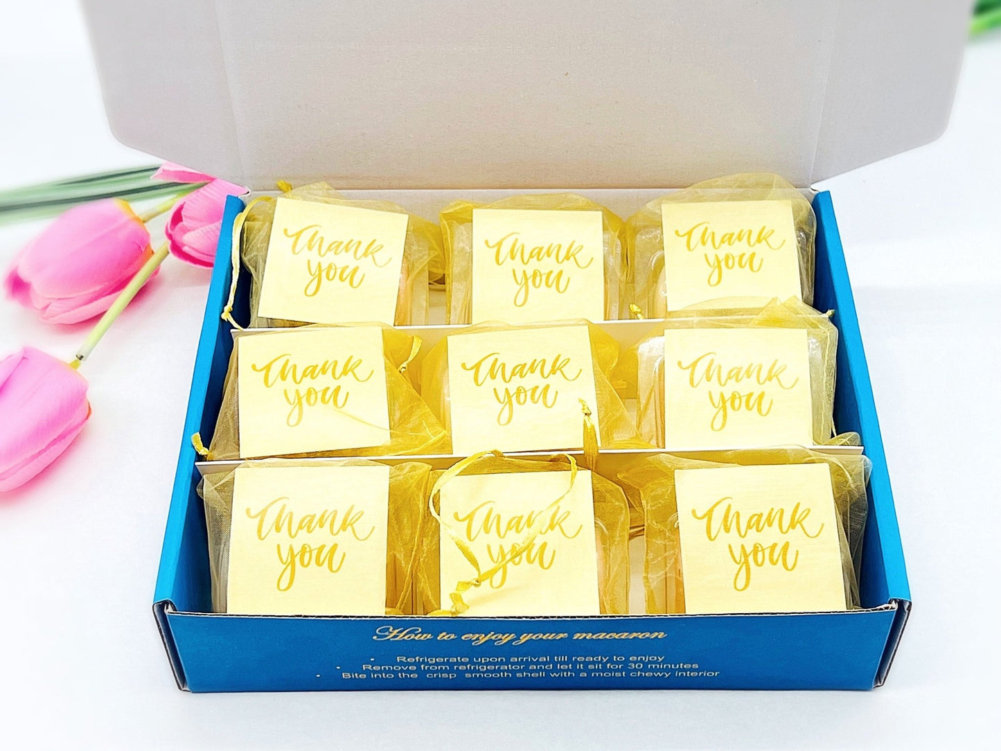 Personalized Thank you French Macarons for Guest (Gold Sheer) | Wedding Favors, Bridal Shower Favors, - Macaron CentraleWedding FavorSample (1 Set)