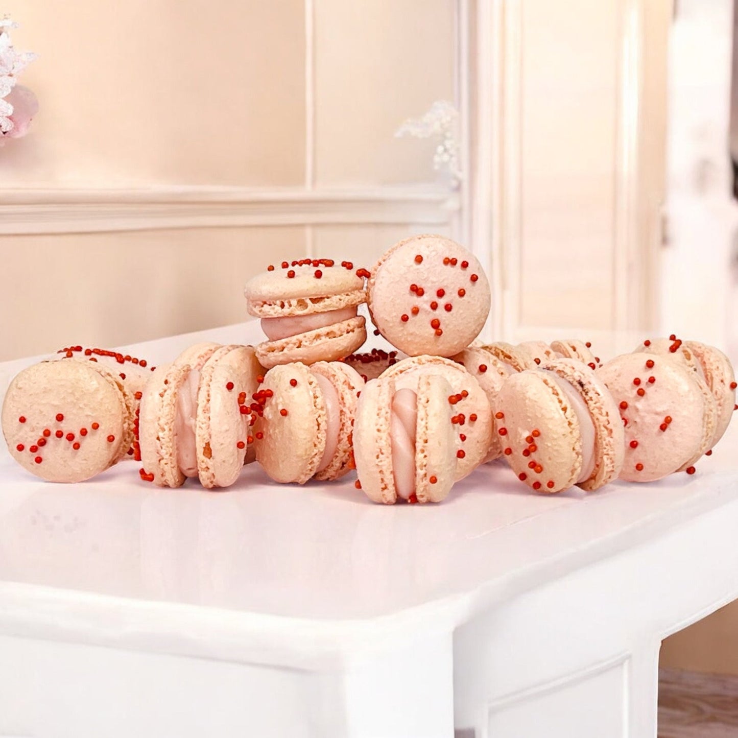 Pomegranate Mini Macarons - Perfect for Decorating Cupcakes, Cakes, Ice Cream, and More! - Macaron Centrale16 Pack