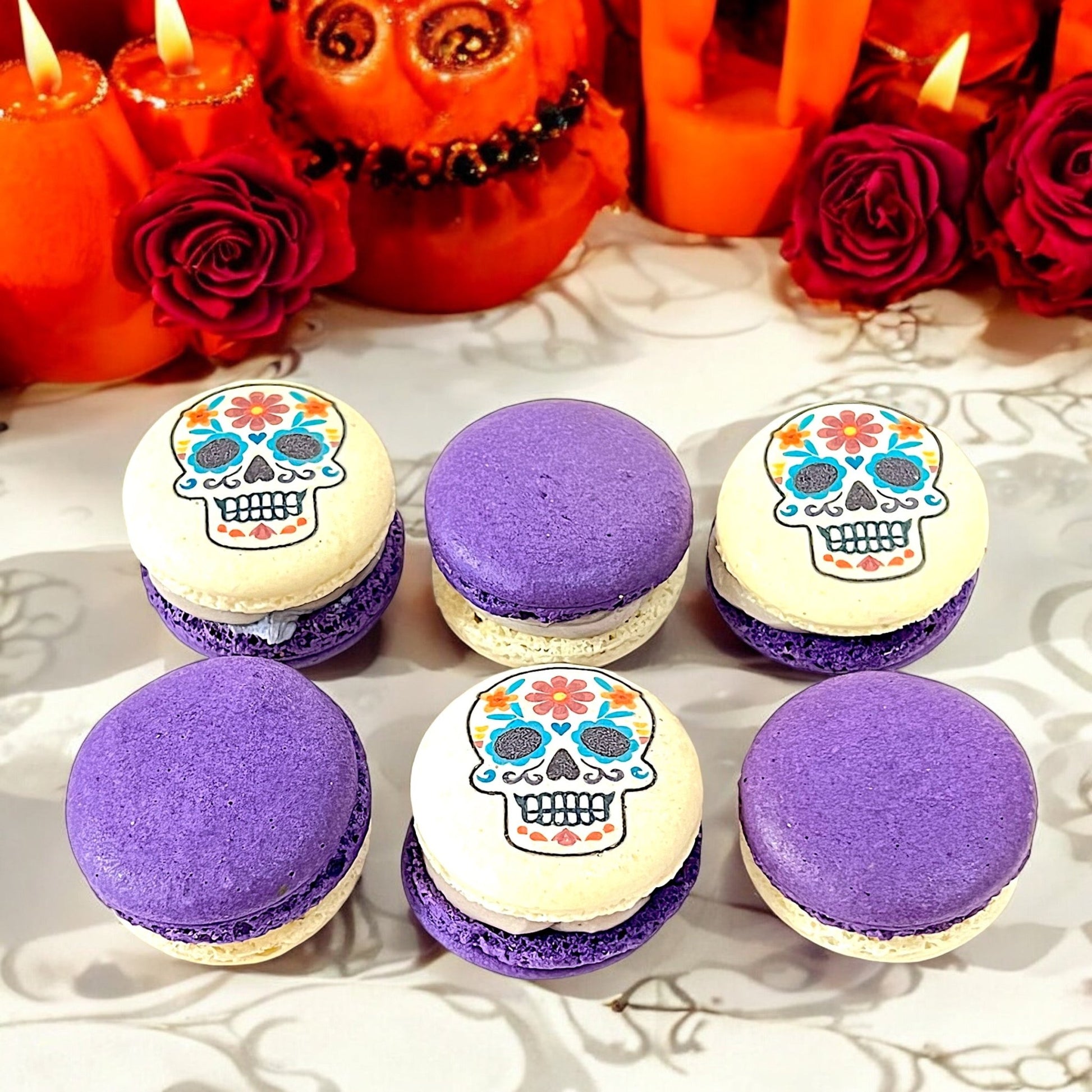 Purple Day of the Dead Macarons - Macaron CentraleHalloween6 Pack