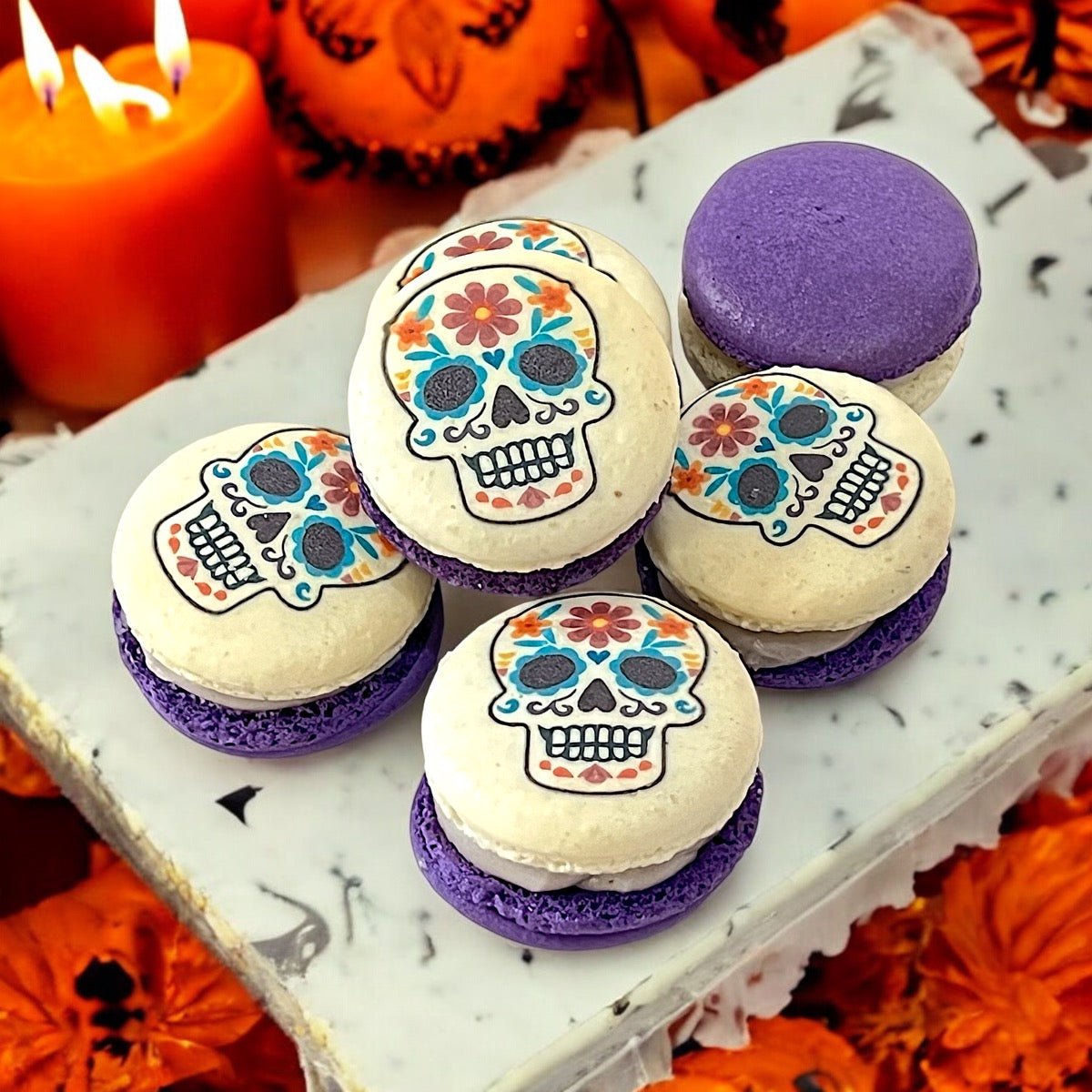 Purple Day of the Dead Macarons - Macaron CentraleHalloween6 Pack