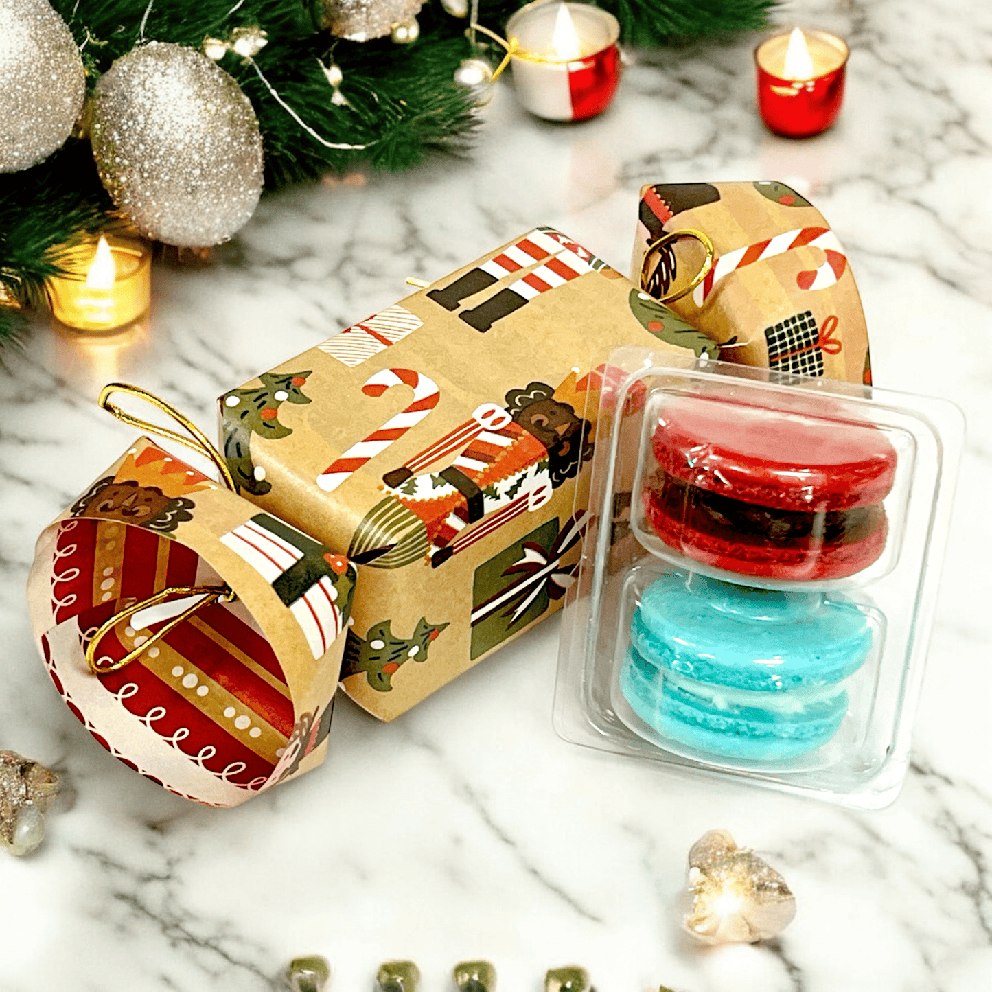 Rustic Holiday Candy Wrap Macaron Set - 6 Designs, Choose Your Flavors - Macaron Centrale6 Candies (12 macarons)