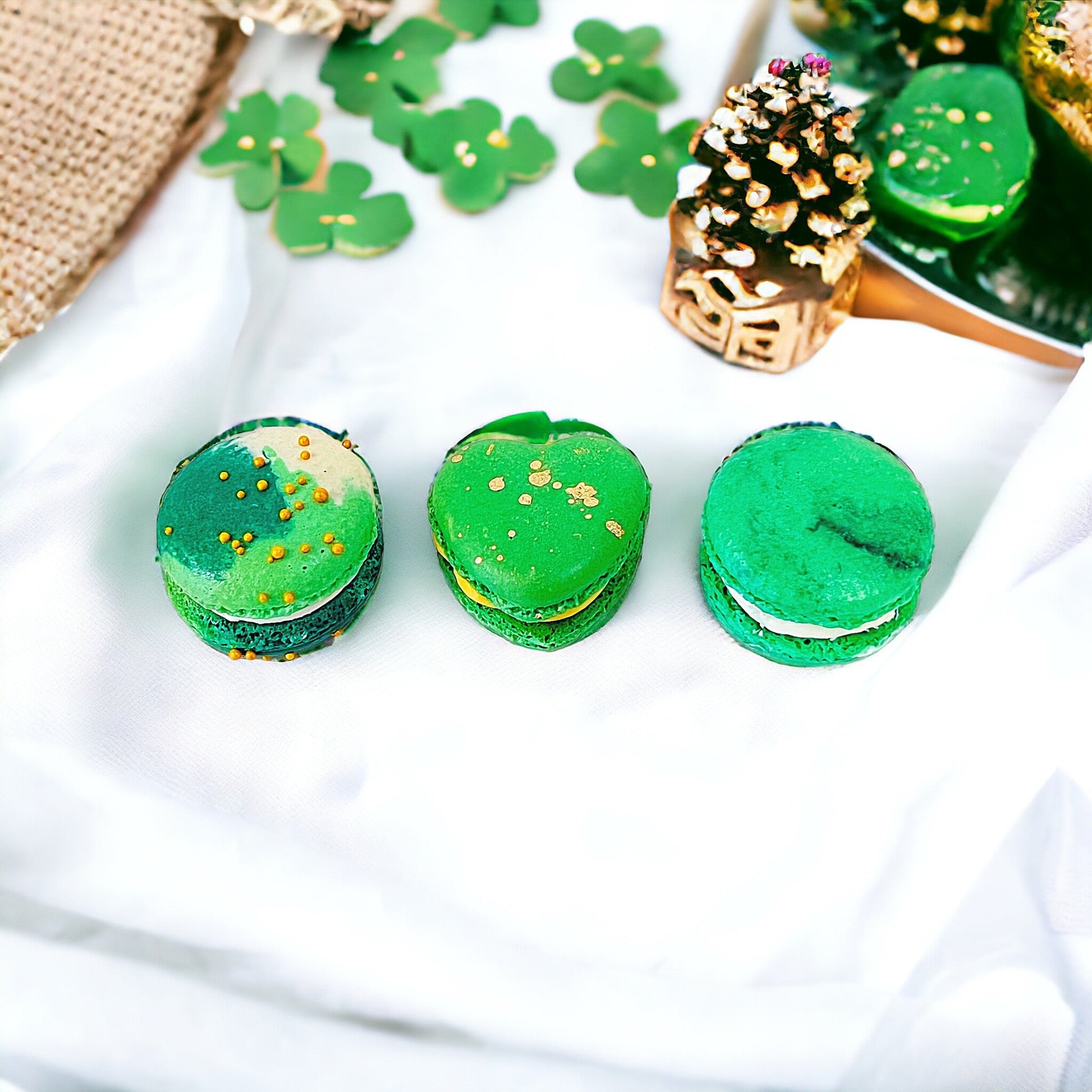 St. Patrick's Day Trio: Butter Rum Green & Gold Heart, Mojito Mint amnd Piña Colada | 12 Pack French Macarons - Macaron CentralePot of Gold