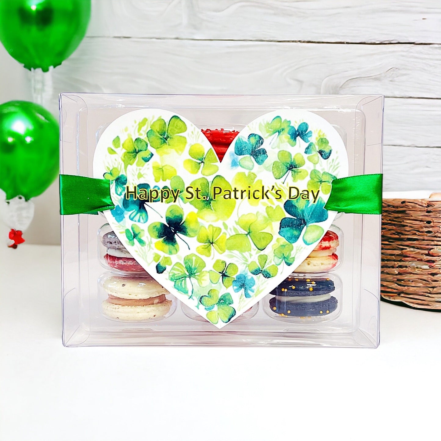 St. Patrick's Day Trio: Butter Rum Green & Gold Heart, Mojito Mint amnd Piña Colada | 12 Pack French Macarons - Macaron CentraleHappy St. Patrick's Day