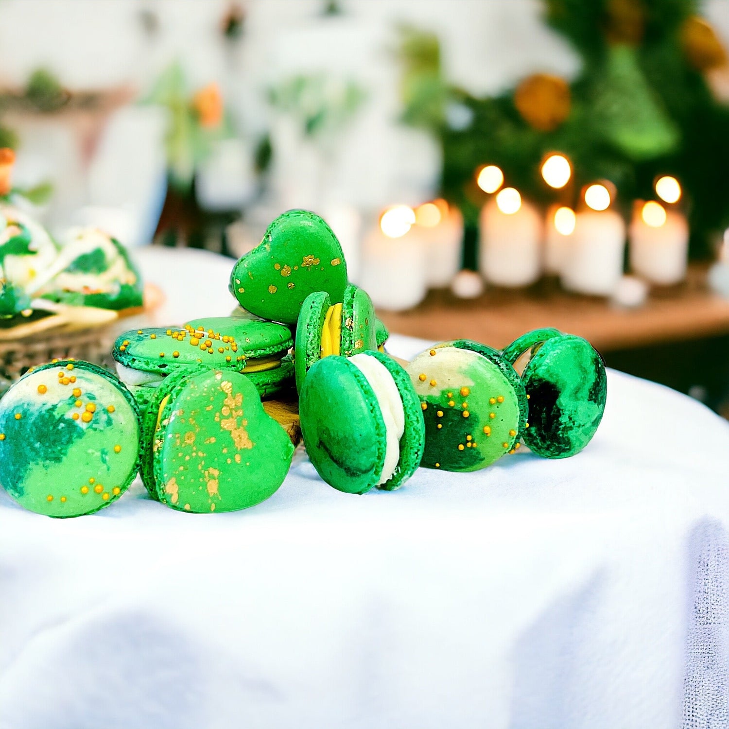 St. Patrick's Day Trio: Butter Rum Green & Gold Heart, Mojito Mint amnd Piña Colada | 12 Pack French Macarons - Macaron CentralePot of Gold